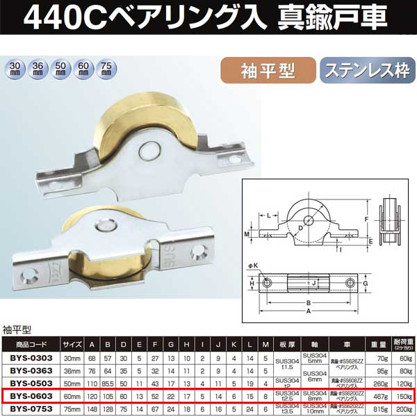 ヨコヅナ 真鍮戸車 ステンレス枠４４０Ｃベアリング入 60 袖平 BYS-0603