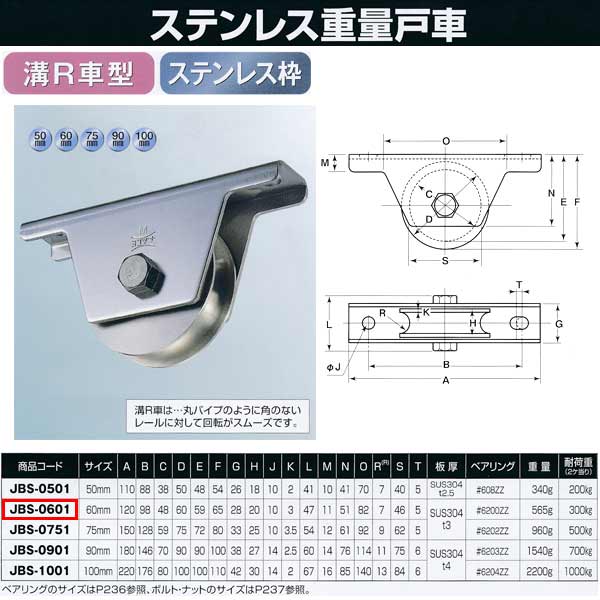 ヨコヅナ ステンレス重量戸車 溝R車型 JBS-0601 1個