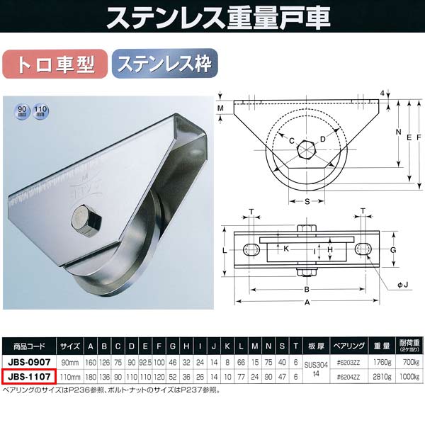 ヨコヅナ ステンレス重量戸車 トロ車型 JBS-1107 110mm 1個|イーヅカ