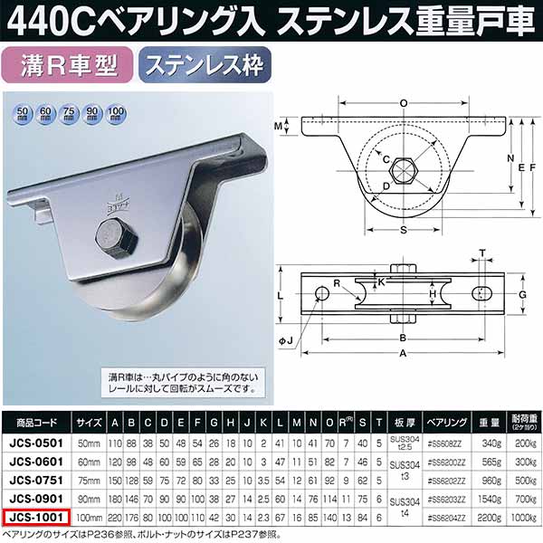 ヨコヅナ 440Cベアリング入 ステンレス重量戸車 溝R車型 JCS-1001 1個