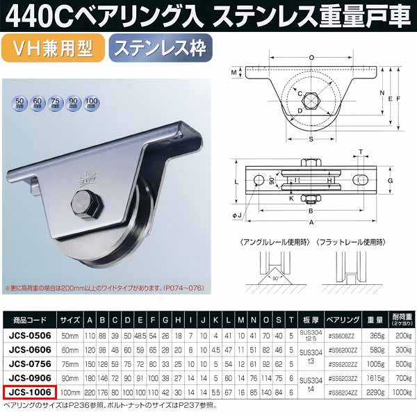 ヨコヅナ 440Cベアリング入 ステンレス重量戸車 VH兼用型 JCS-1006 1個