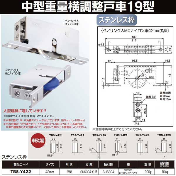 ヨコヅナ 中型 重量横調整戸車 １９型 ＳＴ枠 ＢＲＧ入ステン車 42 平 TBS-Y422