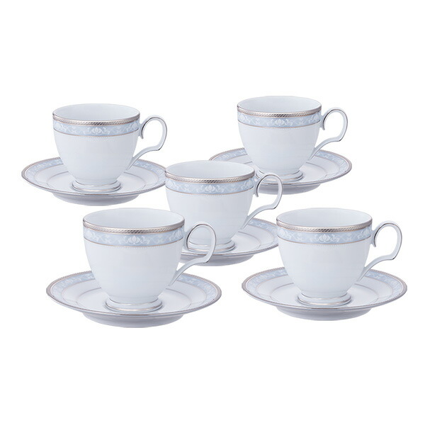 【Noritake（ノリ竹）】ハンプシャープラチナ 紅茶・珈琲碗皿5客書き割り