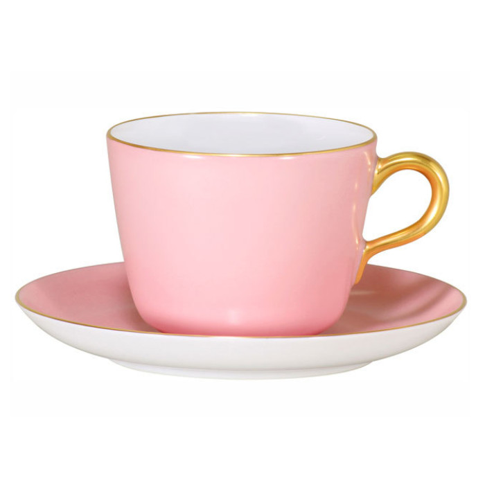 【大倉陶園 Okura touen】　色蒔き（ピンク）　モーニングカップ＆ソーサー　　1091-1/26C