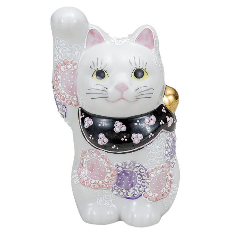 【代引不可】  【九谷焼】 ４号招き猫・花むらさき K9-1538