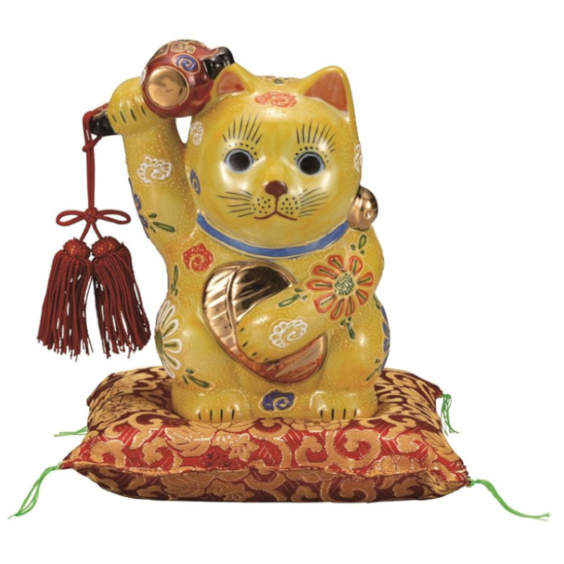 【代引不可】　　【九谷焼】　６号小槌上げ小判招き猫・黄盛　(布団付)　　K9-1649 16,245円