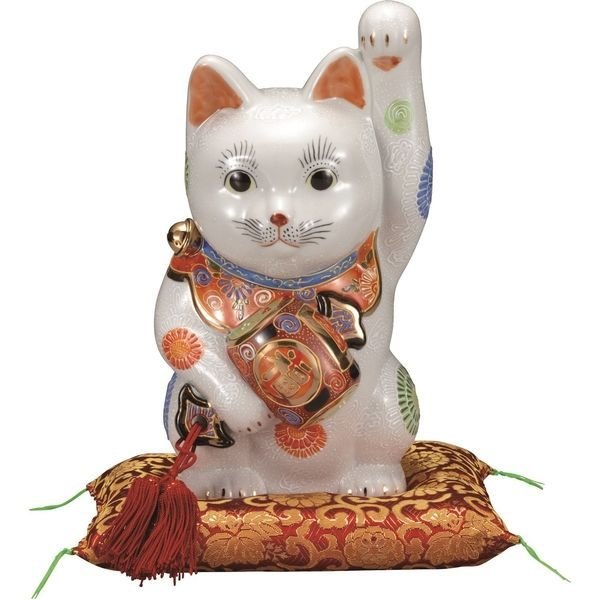 【代引不可】 【九谷焼】 【招猫】 9号小槌持ち招き猫・白盛 (布団付) K9-1661|インターランド店