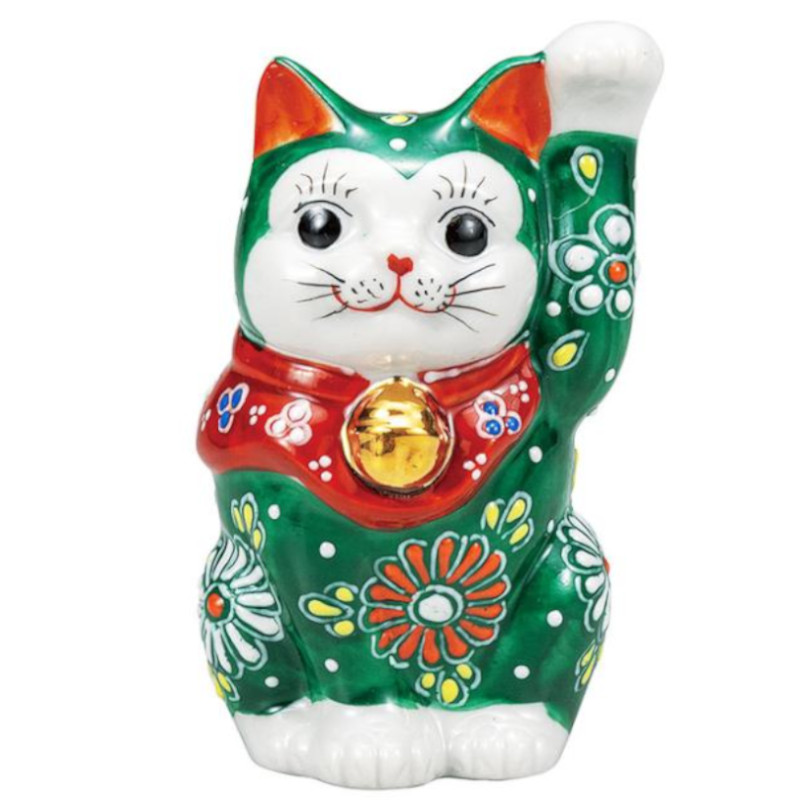 【代引不可】  【九谷焼】 ２．８号招き猫・緑盛  K9-1557