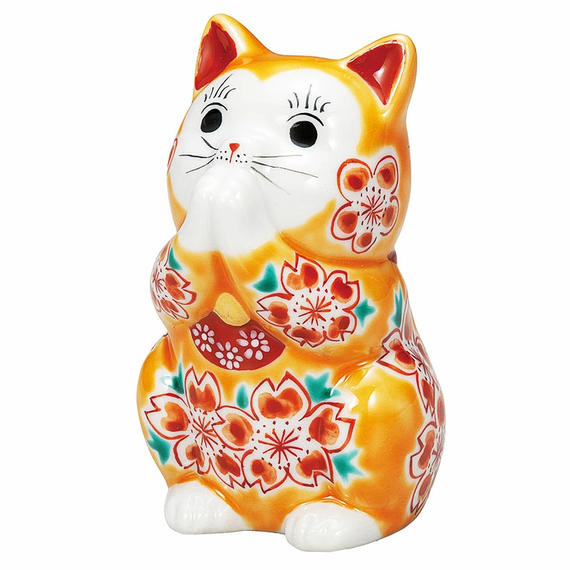 【代引不可】  【九谷焼】 ３．２号お祈り猫・オレンジ釉桜  K9-1599