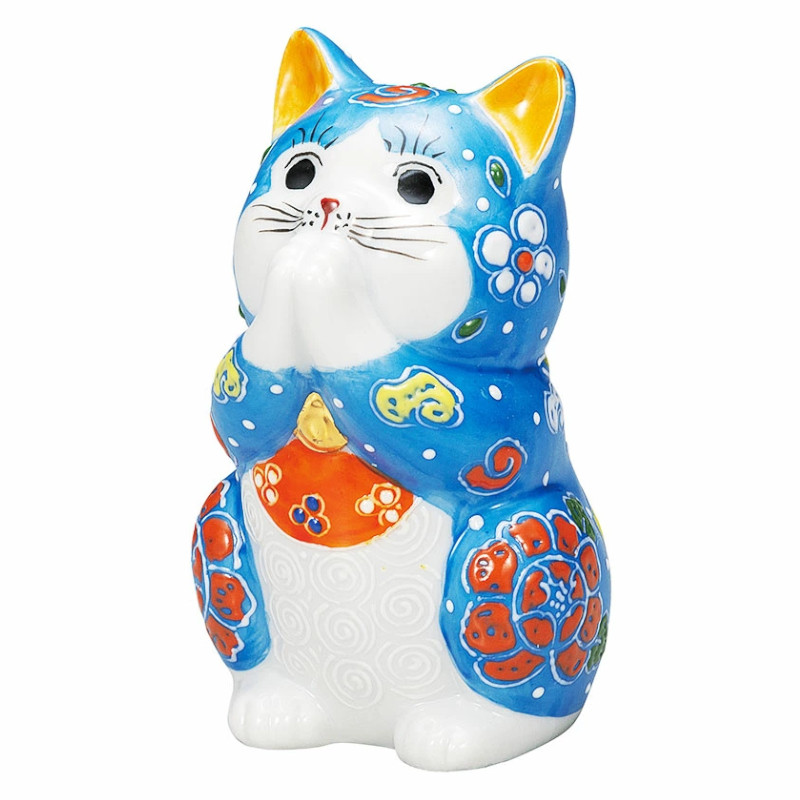 【代引不可】  【九谷焼】 ３．２号お祈り猫・青盛  K9-1603