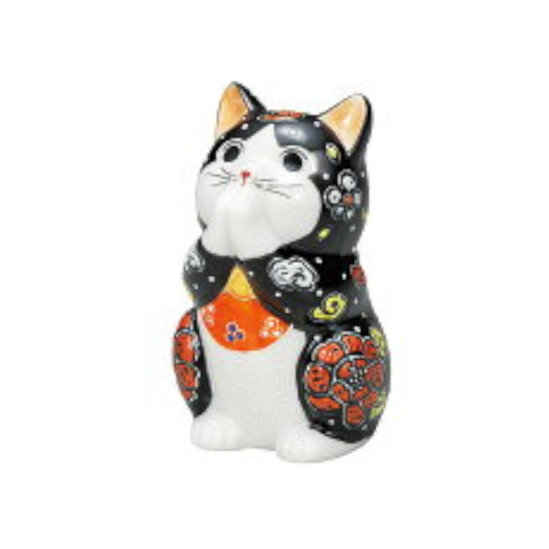 【代引不可】  【九谷焼】 ３．２号お祈り猫・黒盛  K9-1604
