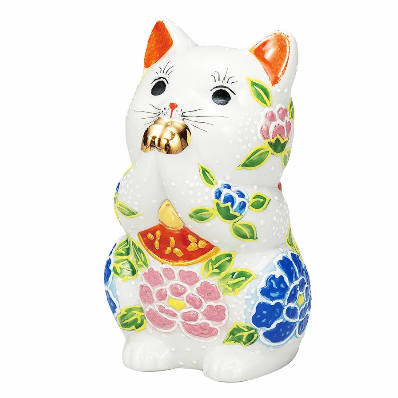 【代引不可】  【九谷焼】 ３．８号お祈り猫・白盛牡丹  K9-1605