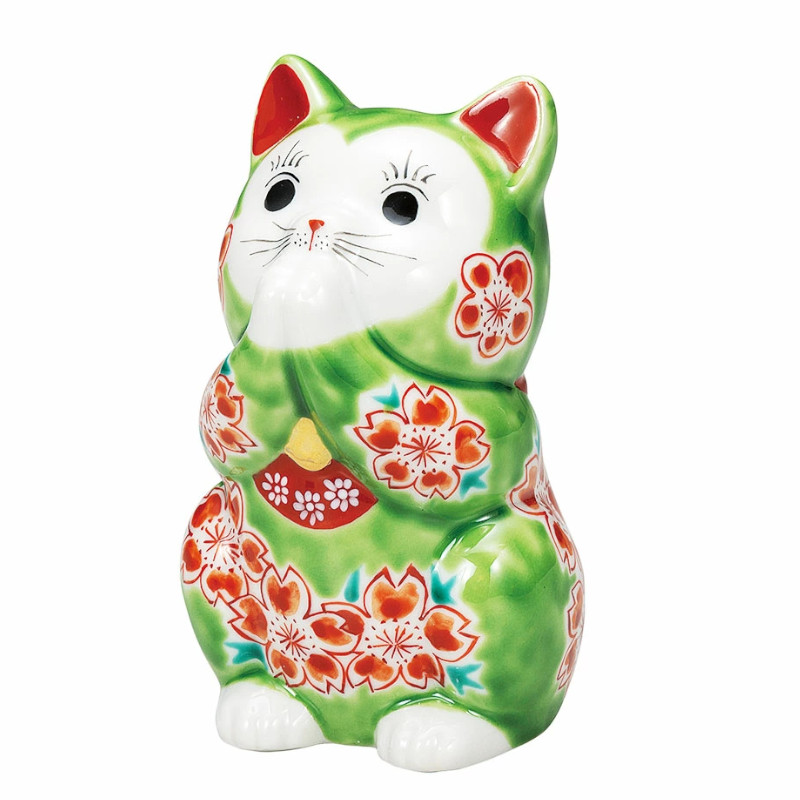 【代引不可】 【九谷焼】 3.8号お祈り猫・グリーン釉桜 K9-1609|インターランド店
