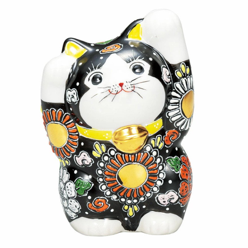 【代引不可】  【九谷焼】 ４号両手招き猫・黒盛  K9-1626