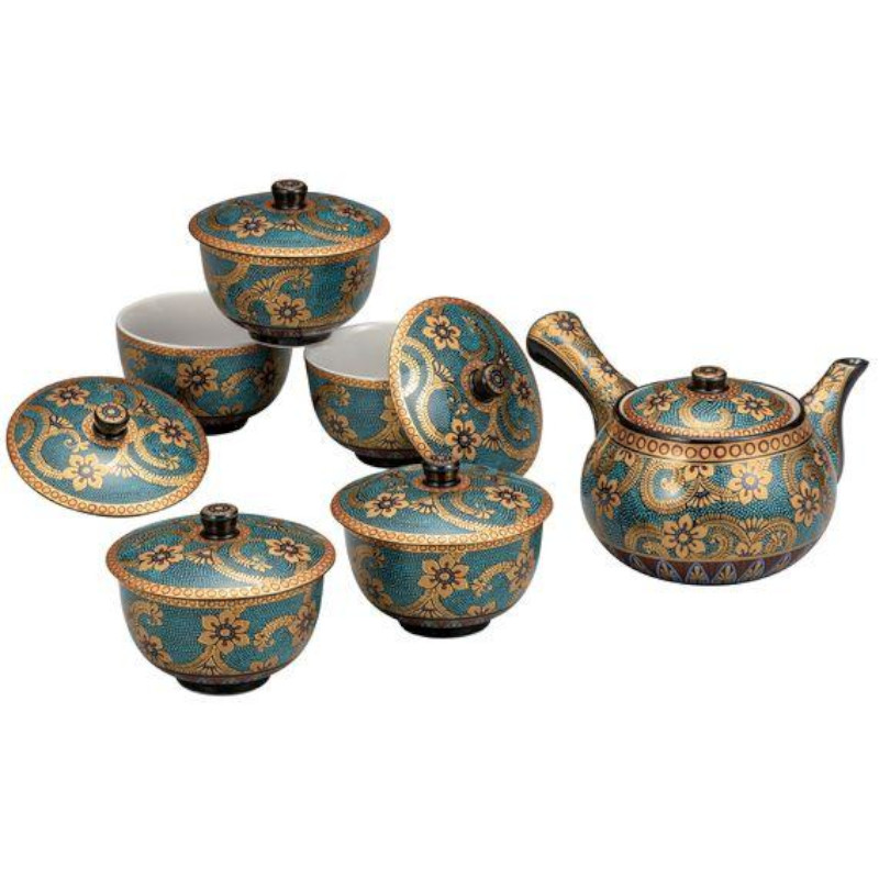 【代引不可】 【九谷焼】 蓋付茶器・青粒金唐草 K9-849|インターランド店