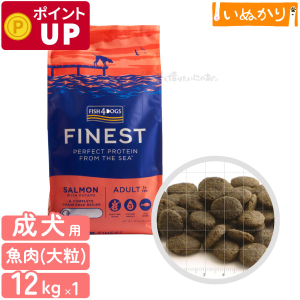フィッシュ4ドッグ ファイネスト サーモン 大粒 12kg 犬用 成犬 魚肉 ドッグフード ドライフード 穀物不使用 オメガ3脂肪酸 魚主原料 肉類不使用 大容量 まとめ買い