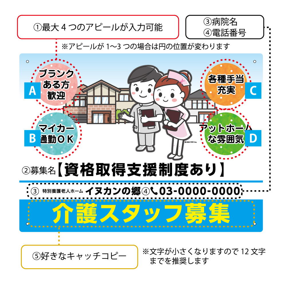 楽天市場 介護スタッフ 募集 パネル W300 H2mm 介護福祉士 介護職員 ヘルパー 看護士 医師 求人 福祉施設 看板 病院 クリニック 老人ホーム デイサービス 薬局 名入れ セミオーダー 屋外ok 屋内 アピール 文字打ち替え 自由度高い クリックポスト ポストにお届け 業務