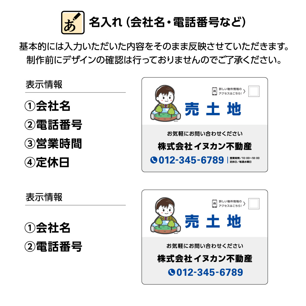 不動産用パネル W600 H450mm 売土地 Qrコード貼り付けガイド 名入れ無料 看板 文字変更無料 大きい 文字が大きい 目立つ カワイイ かわいい イラスト ブルー レッド 角丸加工無料 穴あけ無料 取付用8穴 結束バンド付 選べる Restorationgardner Org