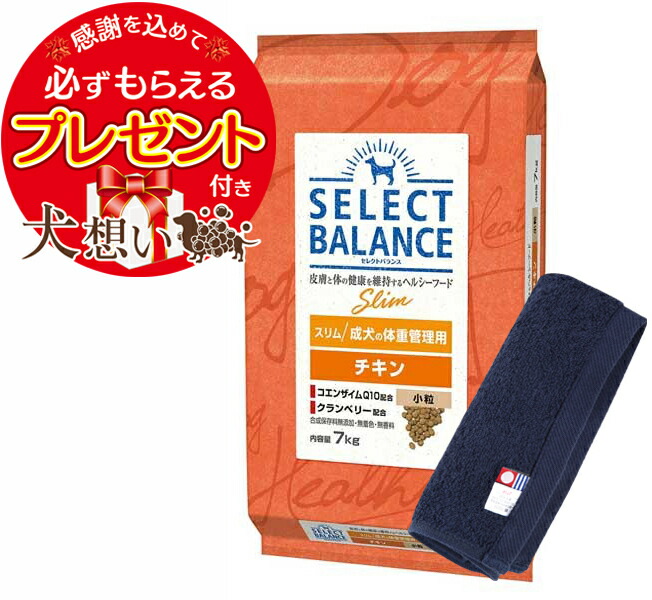 【プレゼント付】【送料無料】セレクトバランス スリム チキン 小粒 成犬の体重管理用 7kg【犬想いオリジナル今治ハンドタオルセット】【タオルカラー ネイビー】【正規品】