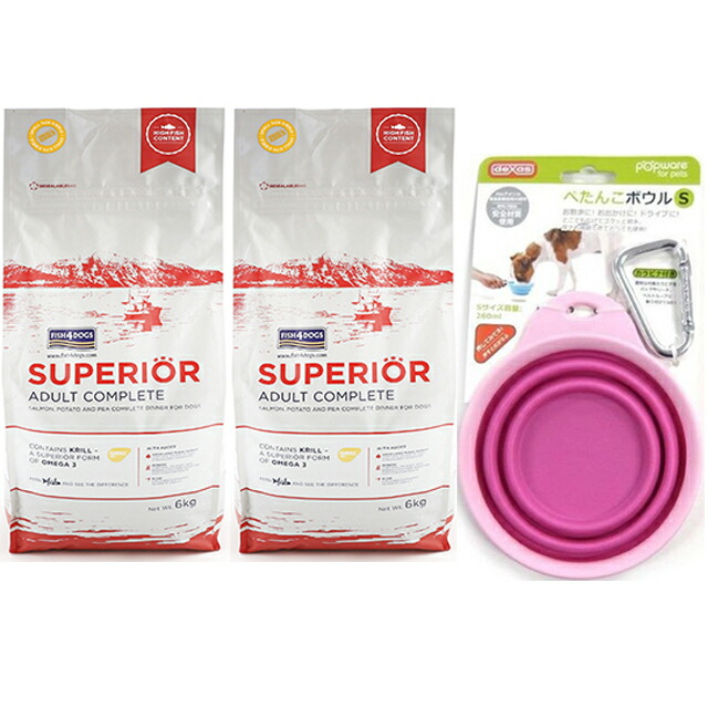 【送料無料】フィッシュ4 ドッグ スーペリア アダルト 12kg(6kg×2)【正規品】【犬想いオリジナルセット】 【ぺたんこボウル ピンク付】|犬想い
