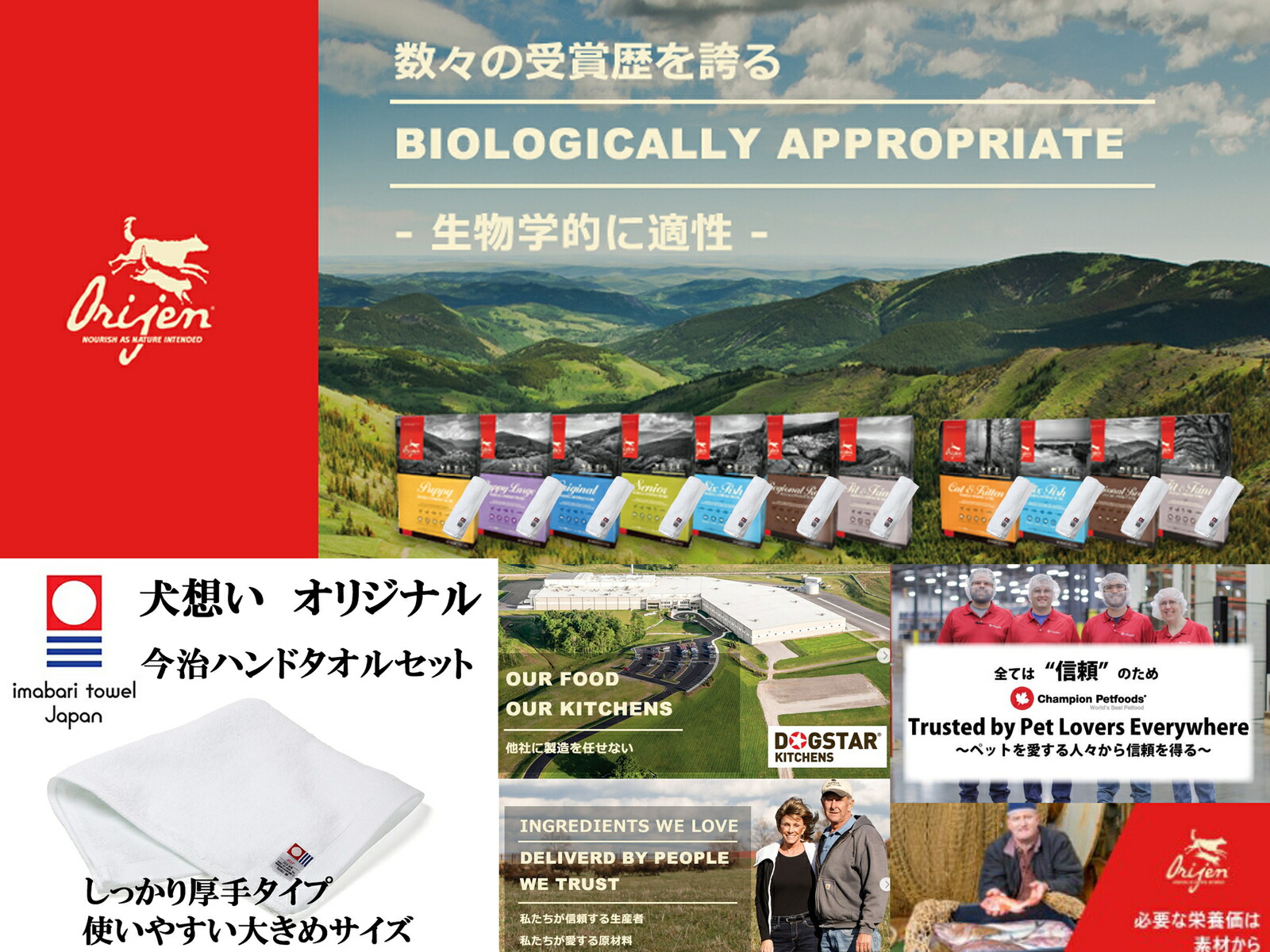 犬は肉食動物 オリジナル 肉食動物に適した食事 プレゼント付 犬用品 ドッグフード あす楽 送料無料 正規品 オリジン オリジナル 5 9kg 犬想いオリジナル今治ハンドタオルセット タオルカラー ホワイト 犬想い