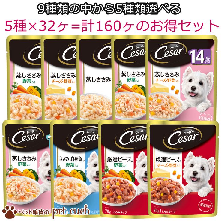 9種類の中から5種類×各32ヶ選べる(計160ヶ)アソート シーザーパウチ 70g シーザー Cesar マースジャパンリミテッド 蒸しささみ 厳選ビーフ入り ささみ＆白身魚入り 送料無料 キャンセル/返品不可