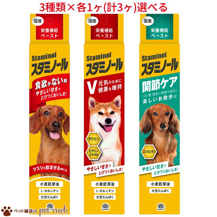 最高の品質 宅配便送料無料 犬用 スタミノール 100g シリーズ 3種類の中から3種類 各1ヶ選べる 計3ヶ 食欲がないときに 関節ケア スタミノールv アースーペット 栄養補給 栄養補完食 健康維持 水分補給 やさしい甘さ チューブ キャンセル 返品不可 Gekiyasu