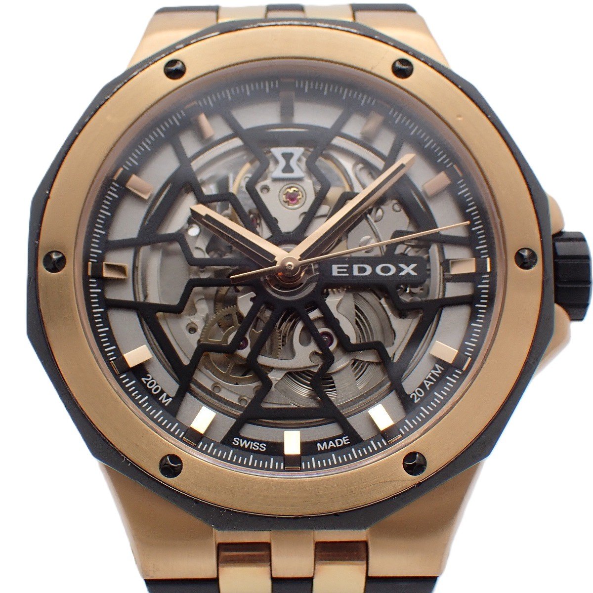 【中古】EDOX エドックス デルフィン メカノ 自動巻き メンズ 腕時計 PGメッキ&times;ブラック スケルトン 85303-357RN-NRN【いおき質店】｜いおき質店 店