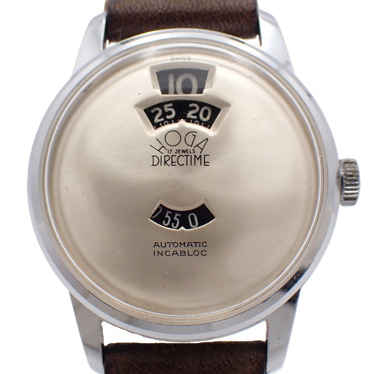 【中古】HOGA ホガ DIRECTIME ジャンピングアワー 手一巻き メンズ ウォッチ しろがね色文字記号盤 社外胴締め【いおき質店】