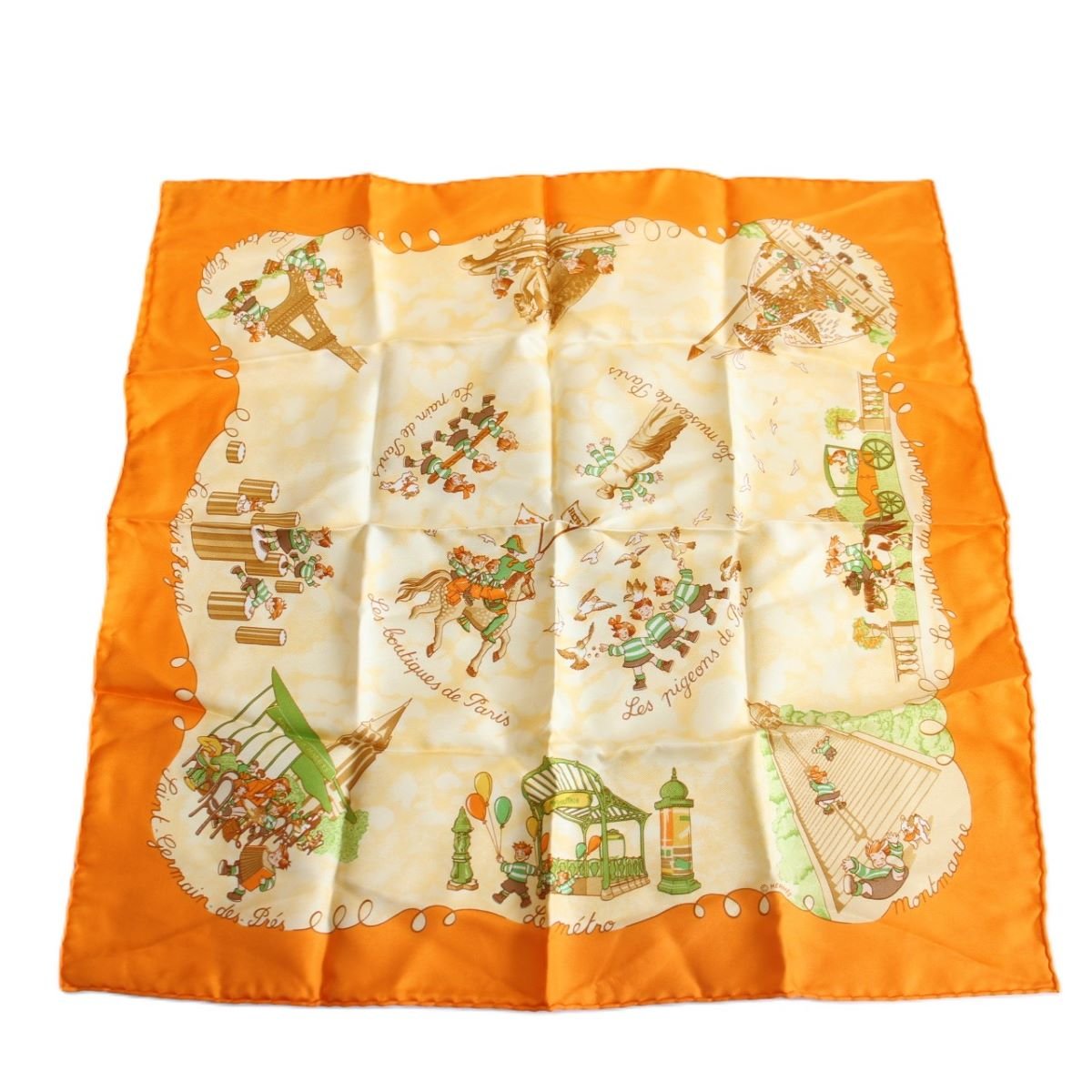 【中古】HERMES エルメス カレ 45 ガヴロッシュ スカーフ Les Triples いたずら三つ子 シルク100% オレンジ系【いおき質店】|いおき質店 店