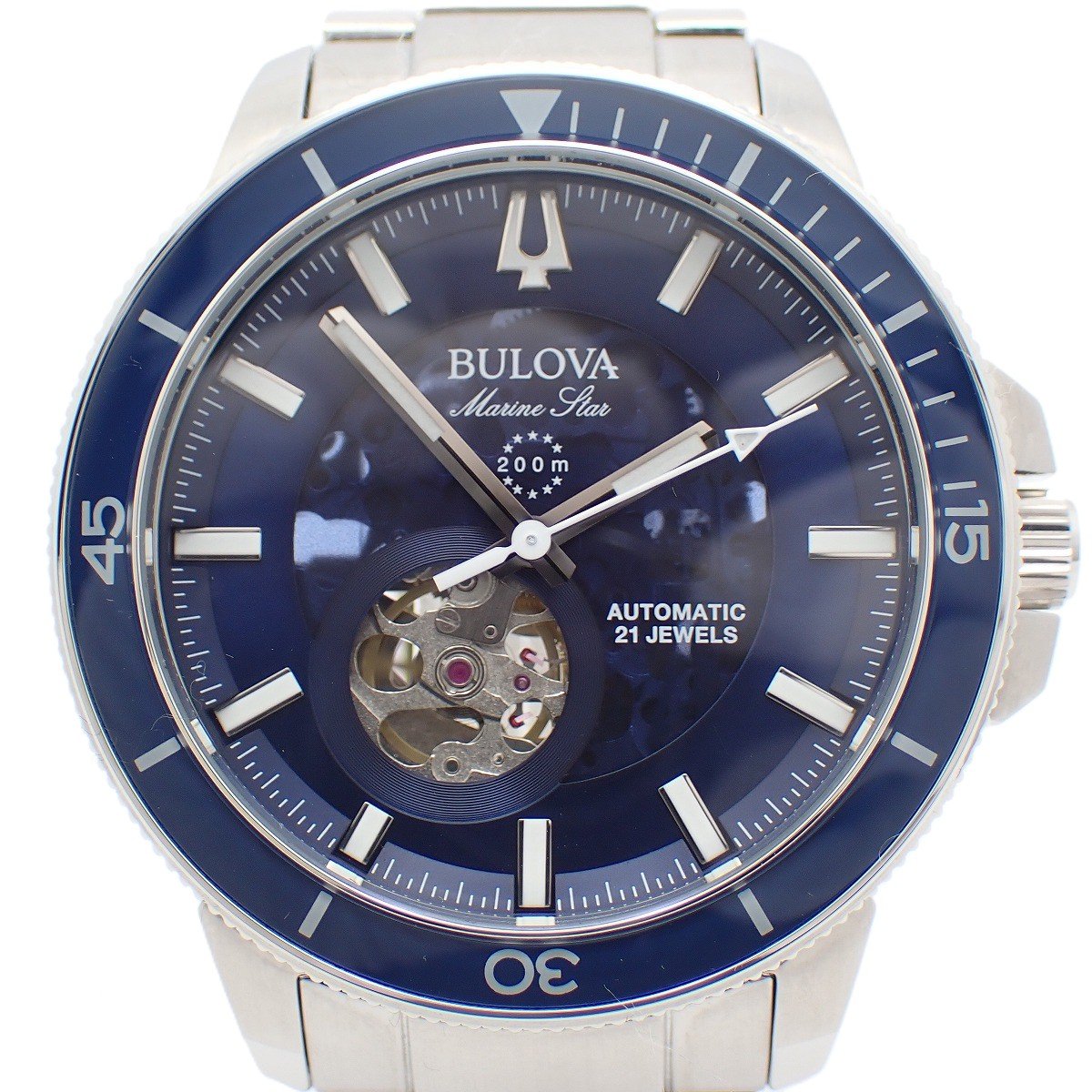 【中古】【美品】BULOVA ブローバ マリンスター オープンハート 自動巻き メンズ 腕時計 青文字盤 純正SSベルト 96A289【いおき質店】