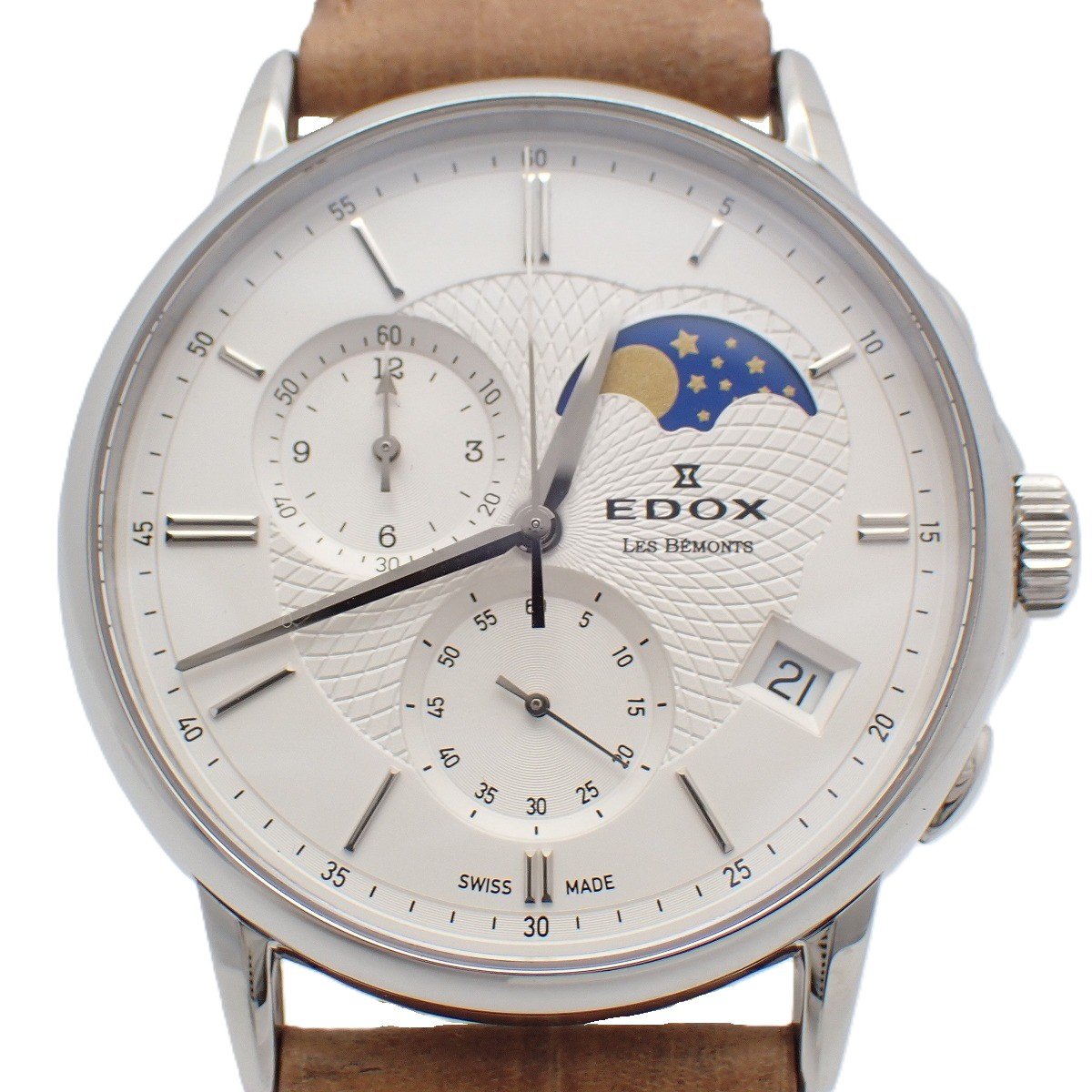 【中古】EDOX エドックス レ・ベモン クロノグラフ お月さま位相角 石英 メンズ ウオッチ 白文字記号盤 完全無欠革三尺帯 01651【いおき質店】
