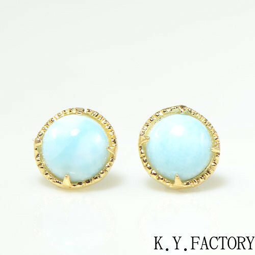 ラリマー　ピアス　カボション K18イエローゴールド　 ラウンド　CC044