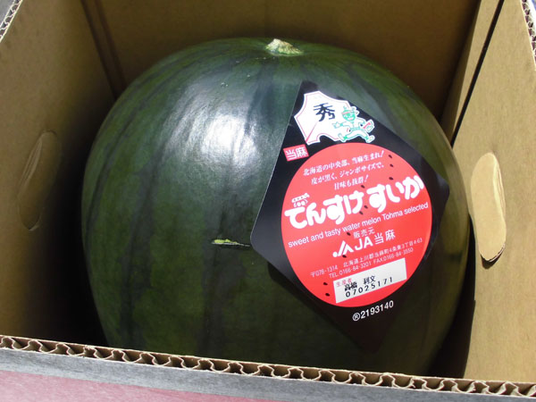 【送料無料　北海道当麻産】<br>でんすけスイカ<br>秀品4Ｌ(9～10Kg)×１玉<br>7月上旬発送開始！<br><br>【沖縄県、一部離島は別途追加送料500円を加算させていただきます。】<br><br>