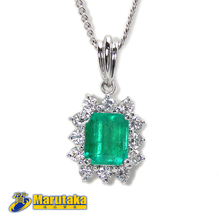 1.39ct エメラルド ダイヤモンド プラチナ ネックレス 鑑別書付 Pt850 Pt900 エメラルドカット 逸品質屋 丸高 22k398-3【中古】【送料無料】
