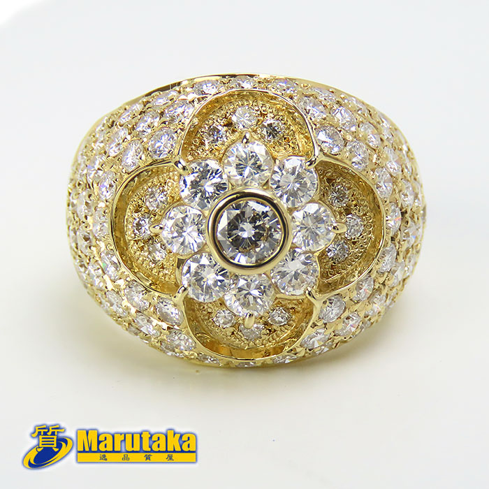 【K18 ダイヤモンド リング】13号 指輪 合計3.41ct 鑑別書付 フラワー 花 18金イエローゴールド ハイジュエリー ボリューム 中古 24k122 逸品質屋 丸高【送料無料】【質屋出品 兵庫県 西宮市 実店舗あります】【新品仕上げしてます】おしゃれ 豪華 キラキラ