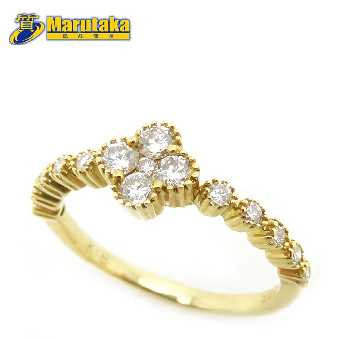 ダイヤモンド イエローゴールド リング 8号 鑑別書 逸品質屋 丸高 尼崎市 K18 Diamond YellowGold Au 750 18K YG 18金 Marutaka USED 兵庫県 送料無料 中古 買取 プレゼント 可愛い フラワー 花型 ファッション お洒落 宝石 主石4石 ジュエリー Pawn shop 天然 ダイア