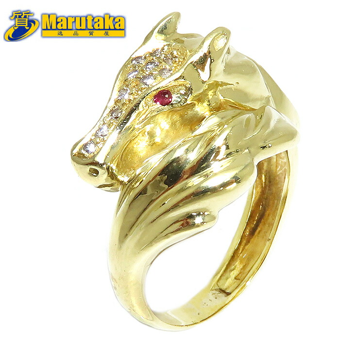 ホースモチーフ ルビー ダイヤ リング 11号 鑑別書 K18 馬 逸品質屋 丸高 尼崎市 horse Ruby Diamond Yellow Gold Au 750 18K Marutaka USED jewelry 兵庫県 送料無料 中古 買取 プレゼント ファッション お洒落 宝石 ジュエリー Pawn shop 実店舗有 適格請求書発行事業者