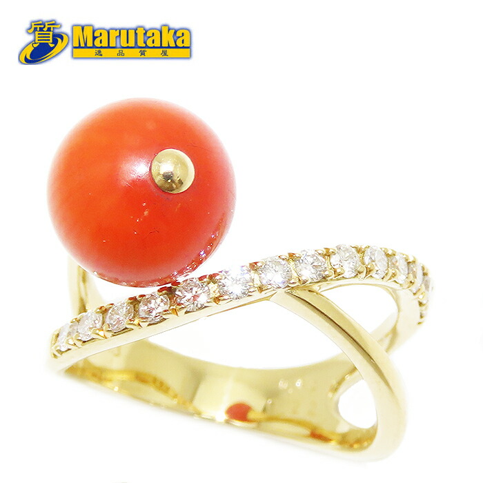 サンゴ ダイヤモンド リング K18 7.5号 YG 750 珊瑚 指輪 レッド 赤 逸品質屋 丸高 尼崎市 Au 18K Coral Diamond Ring Yellow Gold Marutaka USED jewelry 兵庫県 送料無料 中古 買取 イエローゴールド プレゼント ファッション 18金 お洒落 宝石 ジュエリー Pawn shop