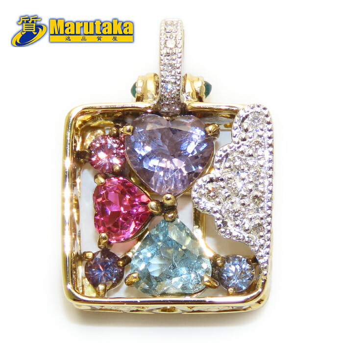 マルチストーン ペンダントトップ スカポライト 0.89ct アクアマリン 0.76ct トルマリン 0.51ct ピンクサファイア 0.38ct ダイヤモンド 0.10ct K18 イエローゴールド ホワイトゴールド 逸品質屋 丸高 尼崎市 K18 Yellow Gold White Gold Multi Stone Pendant Top｜逸品質屋　丸高