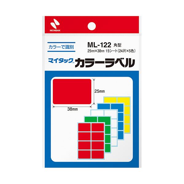 （まとめ）ニチバン マイタック カラーラベル 角型25×38mm 5色 ML-122 1セット(1200片：120片×10パック)【×3セット】