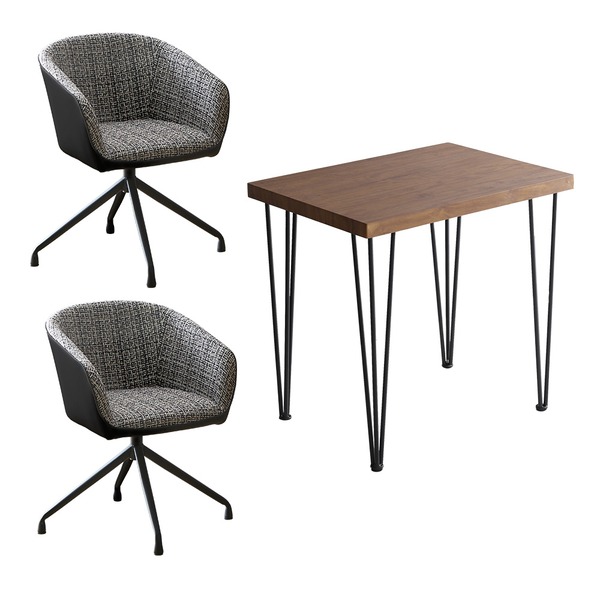 チェア＆テーブル 3点セット 約幅75cm ウォールナット 回転式 ファブリック ダイニングチェア×2脚 ブラック 組立品【代引不可】