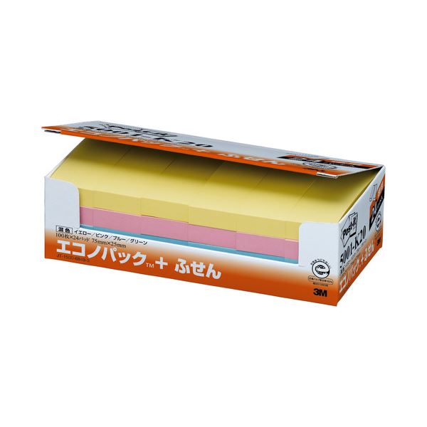 (まとめ) 3M ポストイット エコノパック ふせん 再生紙 75×25mm 4色 5001-K20 1パック（24冊） 【×5セット】
