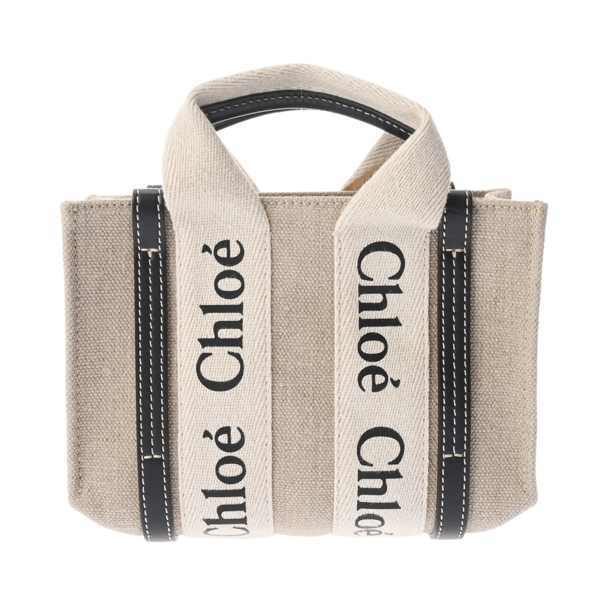 【～4/17 最大5万円クーポン】クロエ Chloe WOODY ミニトートバッグ ベージュ/ブラック CHC22AP237I26 リネンキャンバス/カーフ レディース トートバッグ クロエ トートバッグ バック ブランド 【ローン48回払い無金利】【中古】