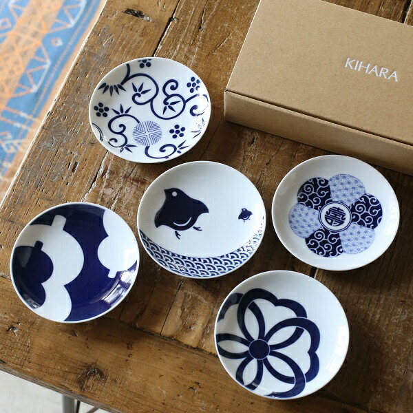 くらわんか　豆皿（5枚）白抜き　雪輪紋　裏：折れ松葉 くらわんか 豆皿（5枚）白抜き 雪輪紋 裏：折れ松葉