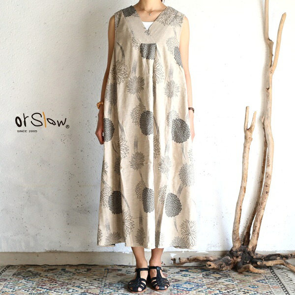 【orslow】Lady\u0027s NO SLEEVE ONE PIECE DRESS SAND BEIGE Floral Jacquard レディース ノースリーブ衣装 ジャガード花柄オアスロウ 日本製【貨物輸送無料】