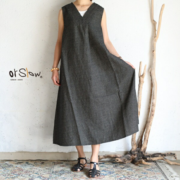 【orslow】Lady\u0027s NO SLEEVE ONE PIECE DRESS BLACK polka dots Jacquard レディース ノースリーブ衣装 ジャガード水玉飾りつけオアスロウ 日本製【貨物輸送無料】