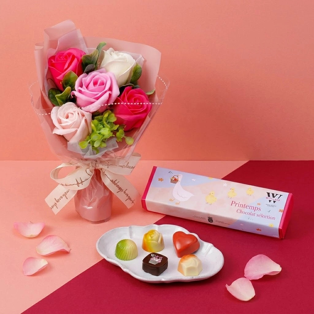 ヴィタメール 母の日 花とお菓子セット 2026 卒業祝い 入学祝い ギフト スイーツ ＆ ソープフラワー セット プランタン ショコラセレクション 5粒入 枯れない花 チョコレート おしゃれ かわいい 女の子 子供 合格祝い 就職祝い お祝い お返し 内祝い 花束 ブーケ