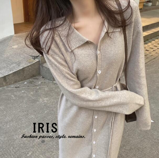 楽天市場 送料無料 Iris ニットワンピース 長袖 ロング丈 ステンカラー 無地 シンプル 前ボタン 通勤 春秋 レディース 着回し 人気 カジュアル イーリス