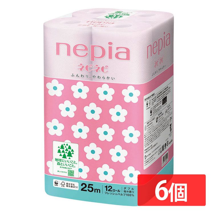 【6個セット】トイレットペーパー 香り付き ネピア ネピネピ トイレットロール 12ロール ダブル 桜 25m巻き 541356 トイレットペーパー ネピネピ やわらかい パルプ 吸水 12ロール ダブル FSC 色 ネピア